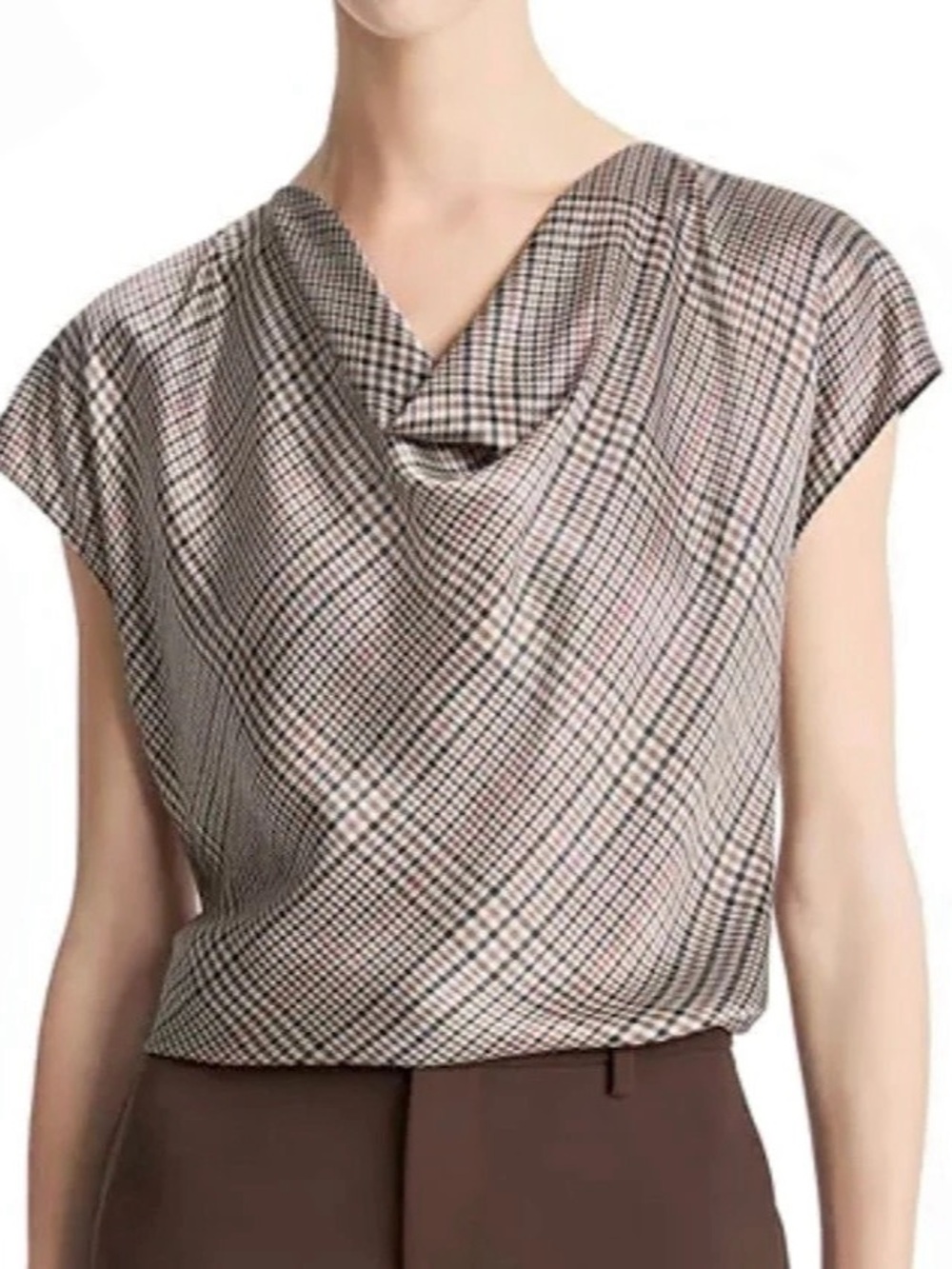 VINCE PRESSED PLAID COWLNECK SILK TOP************SIZE: SMALL